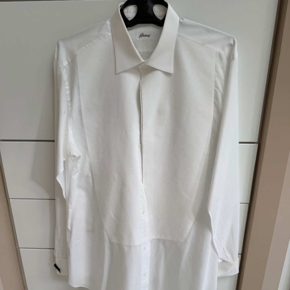 White Brioni tux shirt, French cuffs, size 44/17